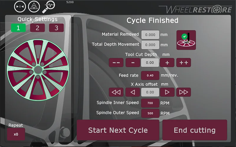 Operator screen preview for Wheel Repair Machine