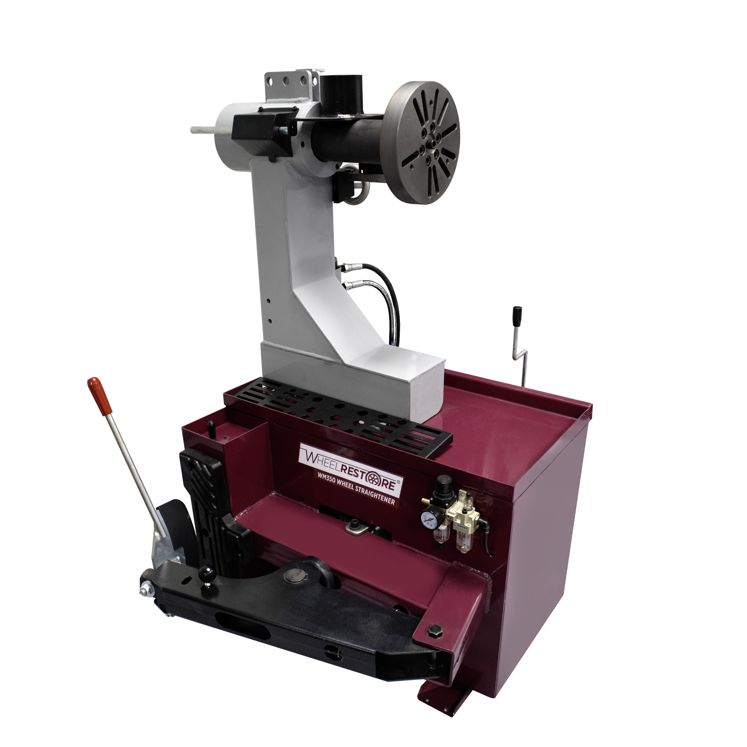 Electro-hydraulic Wheel straightener with tire bead breaker shown for comparing wheel repair setup, workshop fit, and ownership needs.